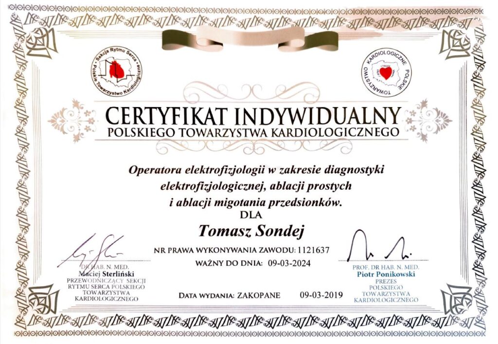 certyfikat indywidualny polskiego towarzystwa kardiologicznego dla Tomasza Sondej