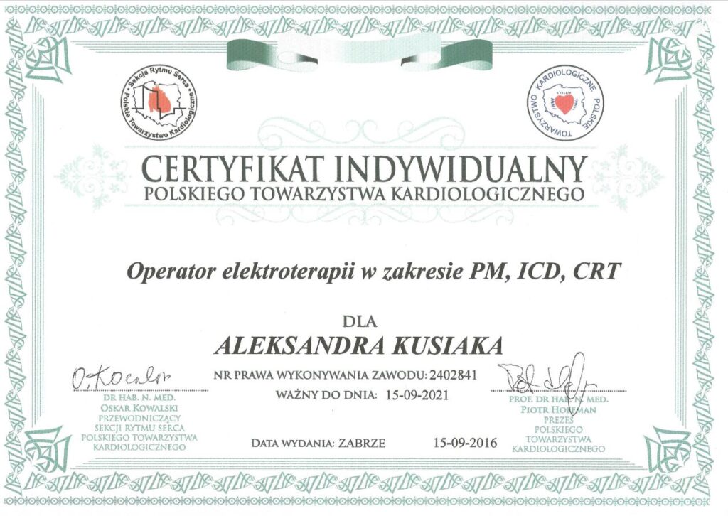 certyfikat indywidualny polskiego towarzystwa kardiologicznego dla Aleksandra Kusiaka