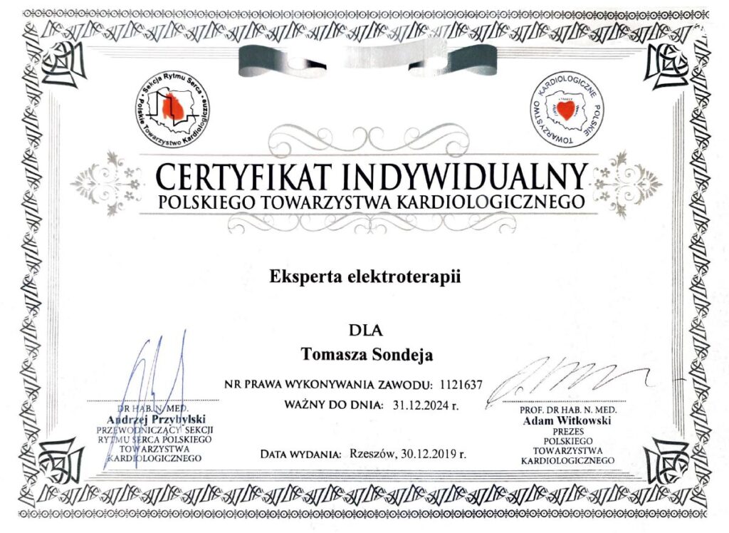 certyfikat indywidualny polskiego towarzystwa kardiologicznego dla Tomasza Sondeja